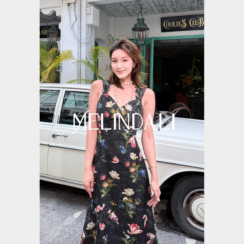 Melinda Li【花园未眠夜】重磅22姆米桑蚕丝人丝玫瑰印花鱼尾连衣裙