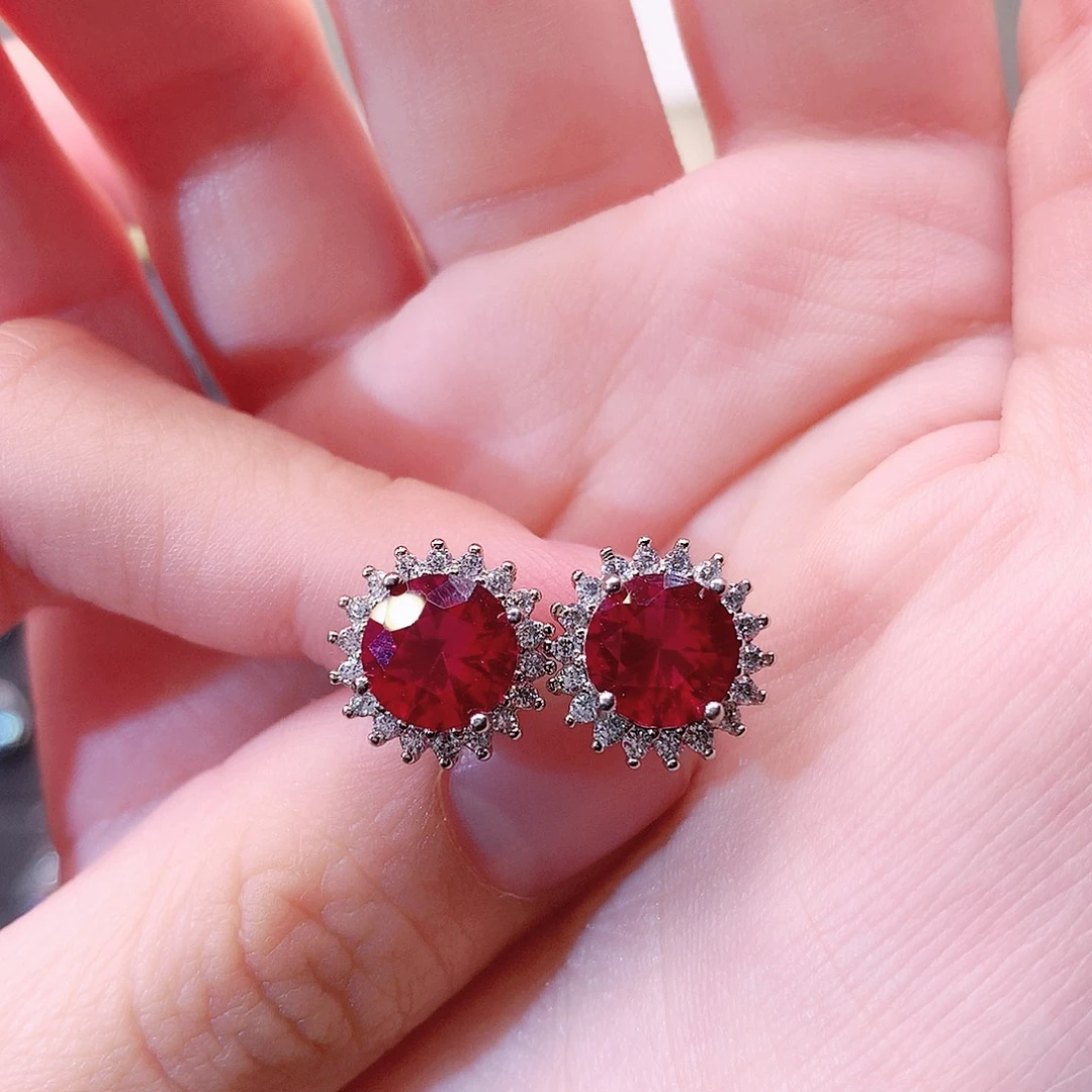 耳饰银S925镶嵌红宝石