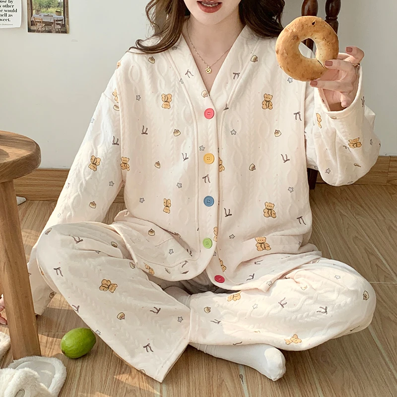 大码月子服秋冬季空气棉孕妇睡衣带胸垫哺乳期喂奶衣家居服套装