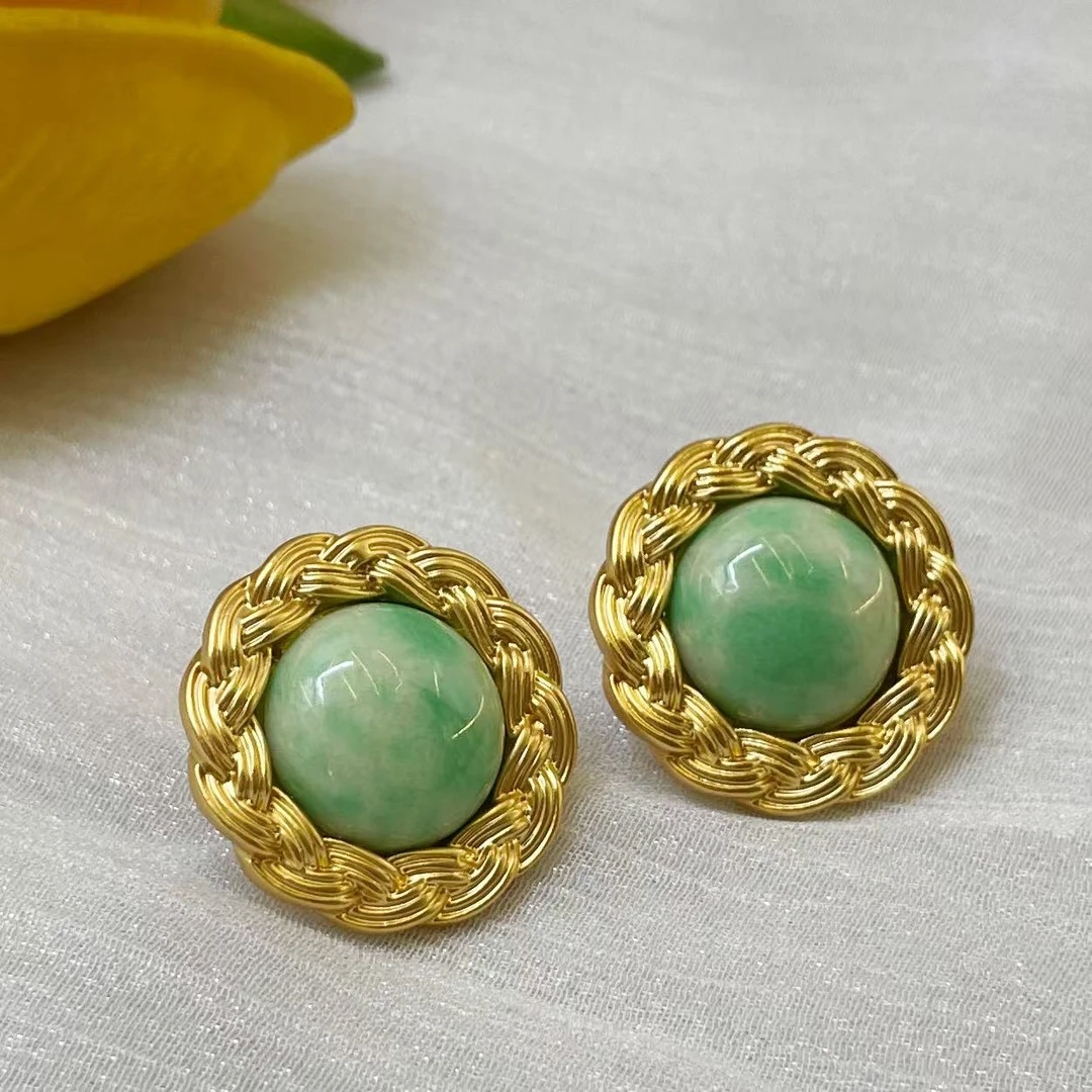 铜合金花岗石耳饰 宫廷风中古轻奢复古手工古风百搭气质法式素款