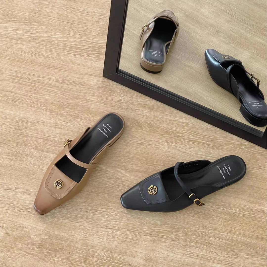 HUSSLOVE 头层牛皮·跟高2CM·百搭品质高级水洗山茶花穆勒半拖