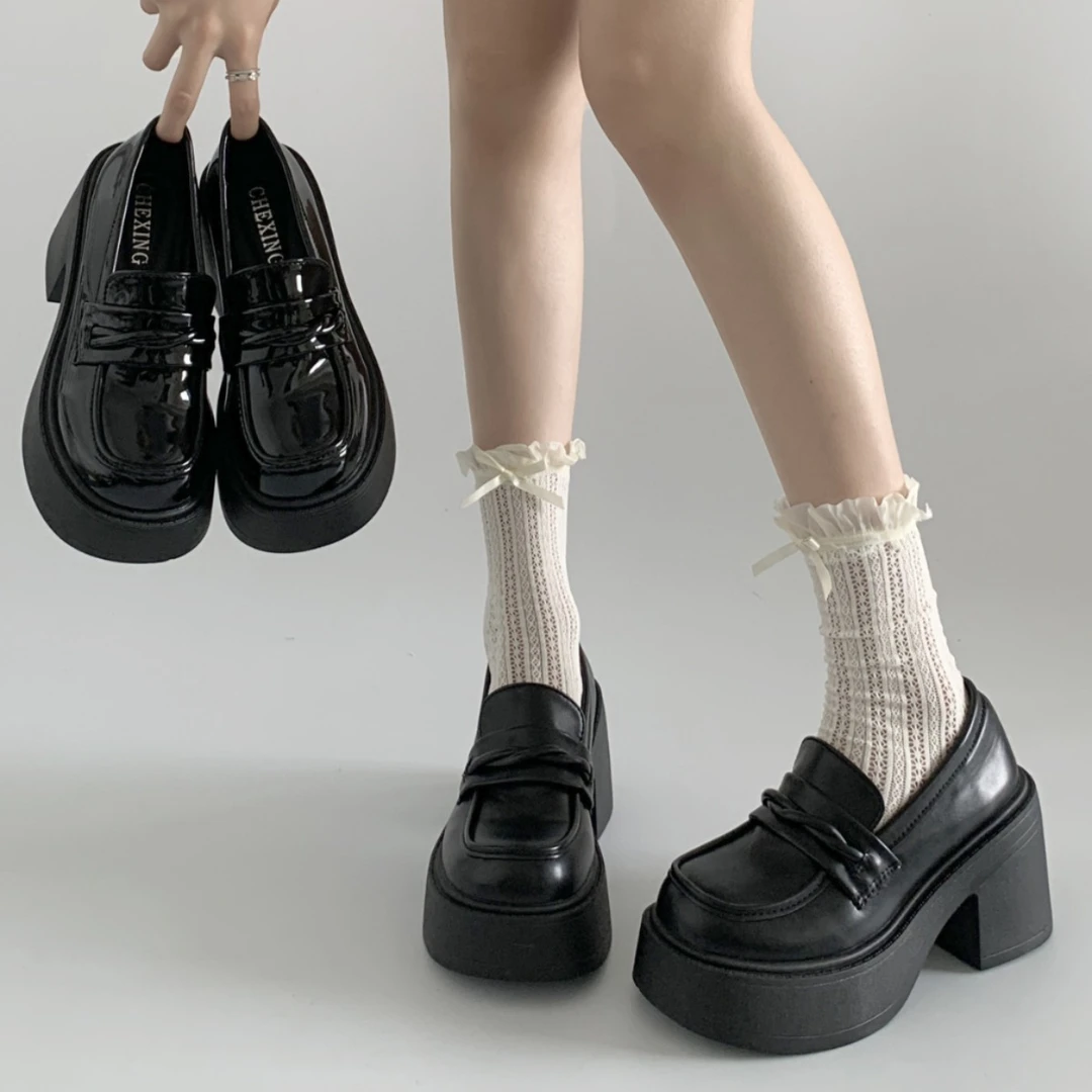 黑色英伦风百搭高跟厚底小皮鞋女2025新款夏季一脚蹬增高乐福单鞋