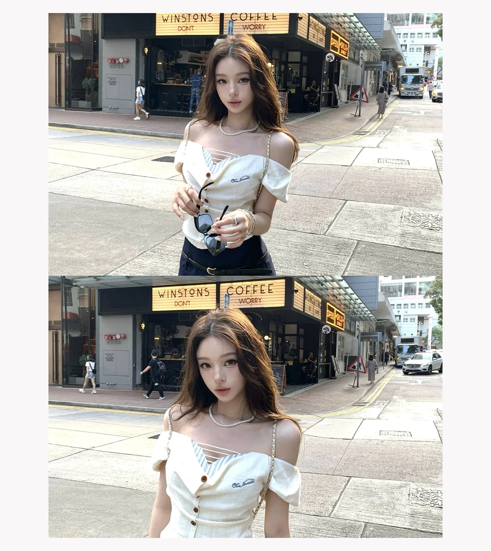 两只水仙 英区学姐 提花针织拼接设计感小众假两件一字肩荡领上衣