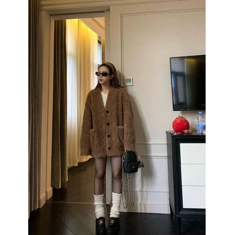 【久亿专属】韩系复古百搭羊毛一体外套女冬款羊羔毛羊剪绒大衣