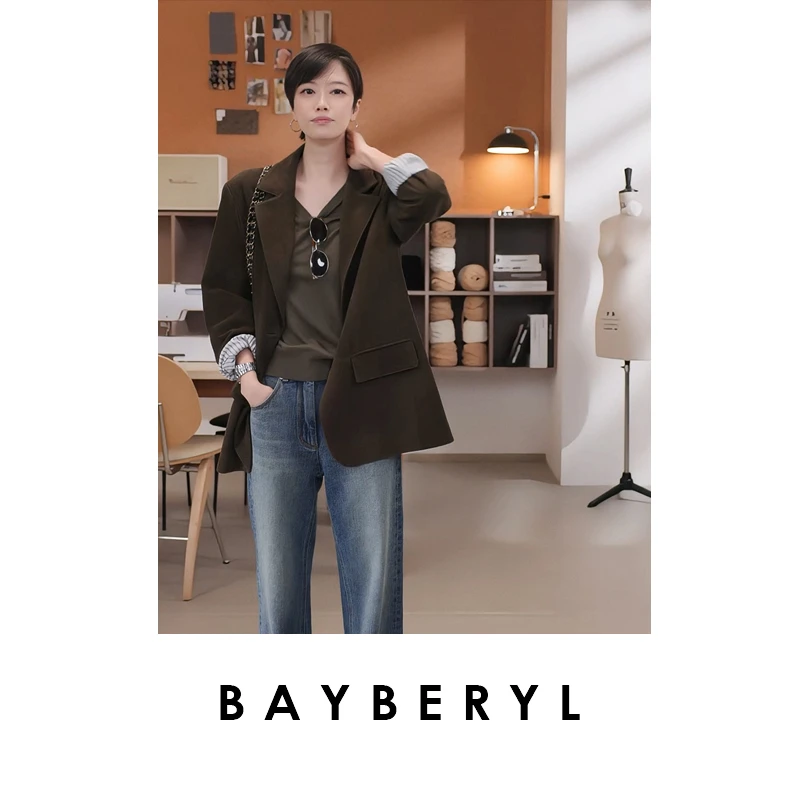 BAYBERYL老贝叙事雪松*P绿反绒西装领时尚25秋皮衣9PY5H2026-8/21
