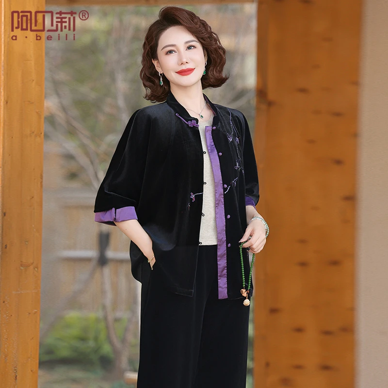 洋气妈妈春装国风套装中老年女装刺绣气质短外套中年金丝绒两件套