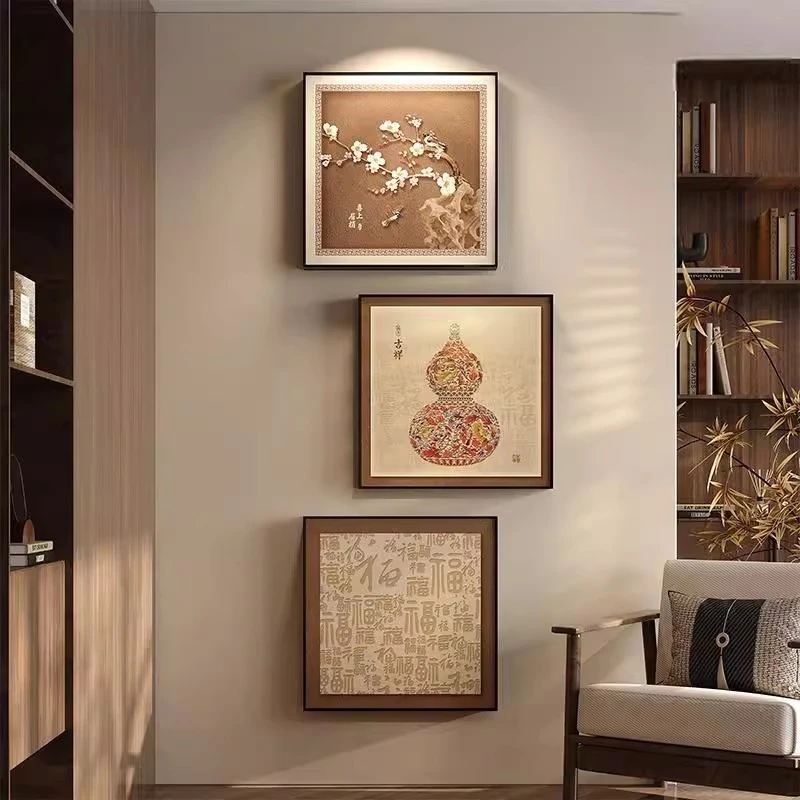 新中式福字挂画葫芦入户走廊玄关装饰画柿柿如意客厅三联方形壁画