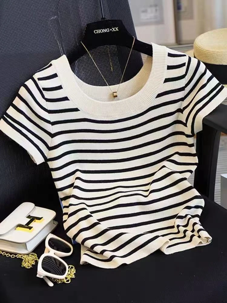 【亦然】韩版法式U领条纹短袖针织T恤时尚修身显瘦短款大码上衣2112