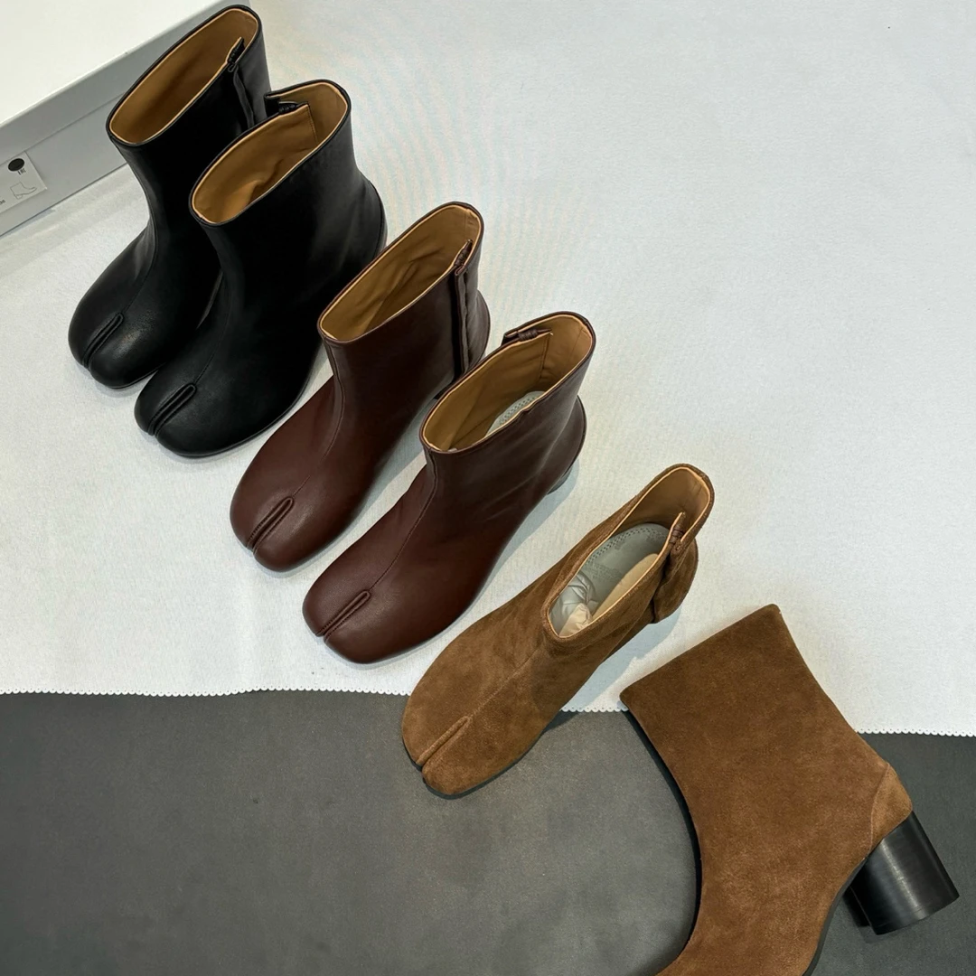 粗跟分趾短靴女圆头低跟侧拉链黑色法式秋冬百搭时尚靴