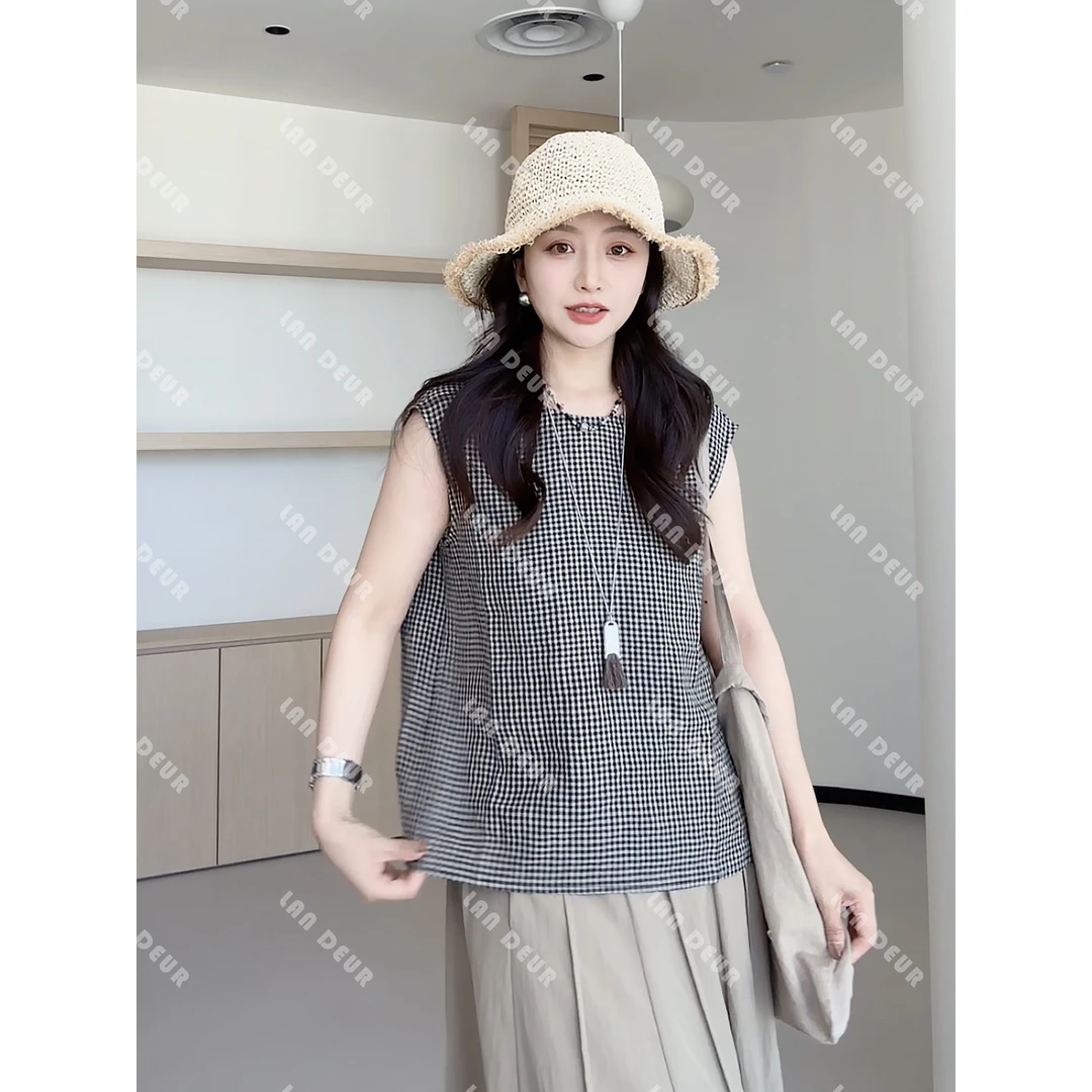 【夏日白山茶】100%亚麻无袖衬衫时尚休闲气质复古格子上衣女