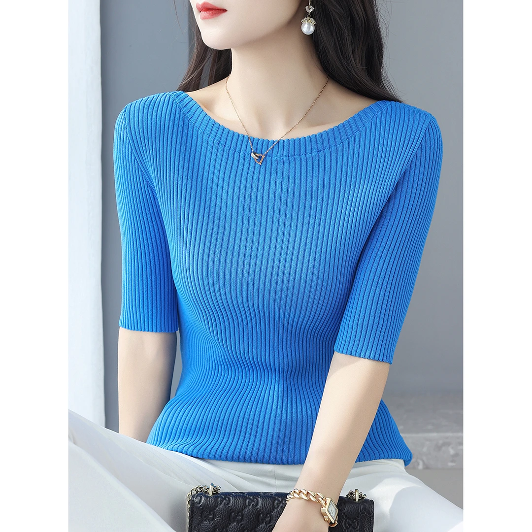气质一字领时尚套头莱赛尔天丝五分袖打底上衣女装夏季内搭针织衫