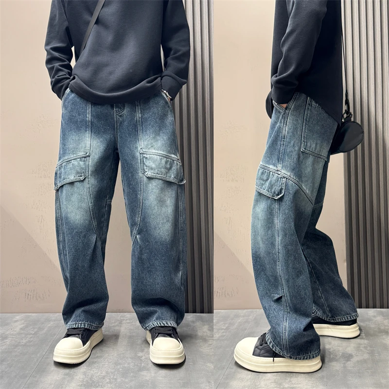 美式潮流复古水洗做旧工装阔腿牛仔裤男加绒加厚垂感弯刀牛仔长裤