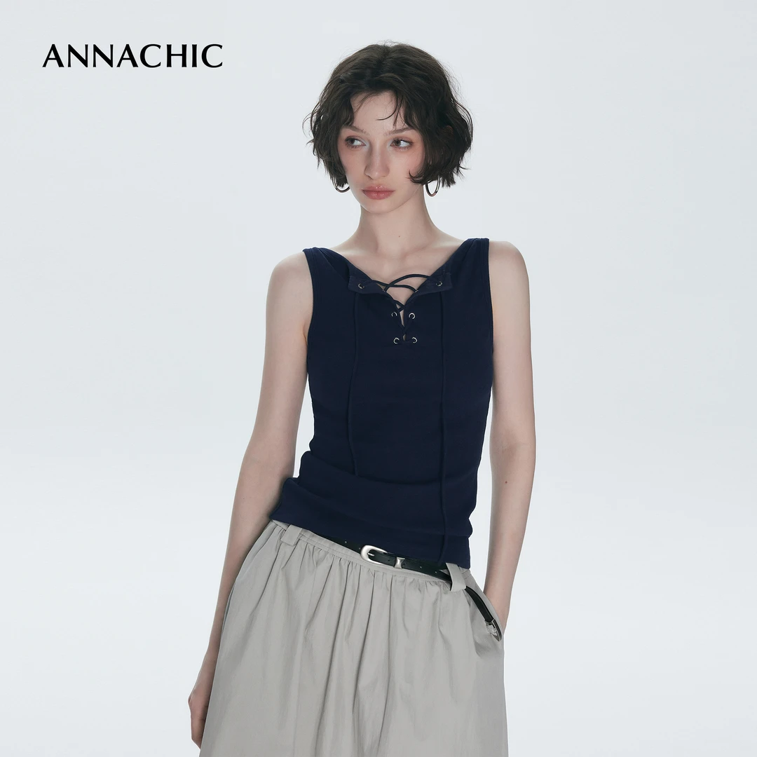ANNACHIC时髦复古_藏蓝色正反两穿绑带背心女外穿松弛感无袖上衣
