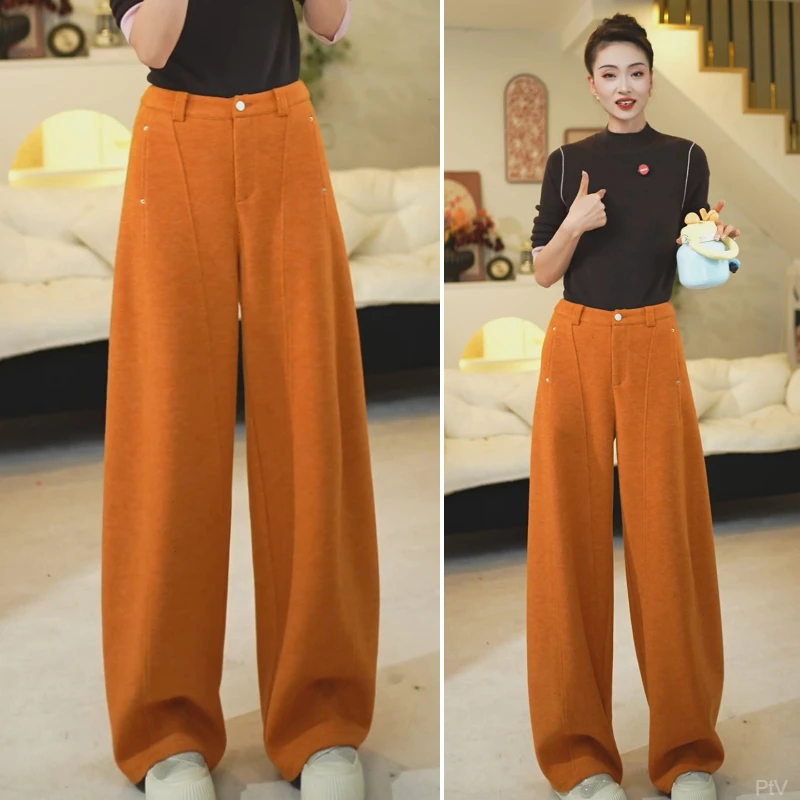新款百搭流行香蕉裤橙色羊毛呢阔腿弯刀裤女秋冬季时尚美利奴羊毛