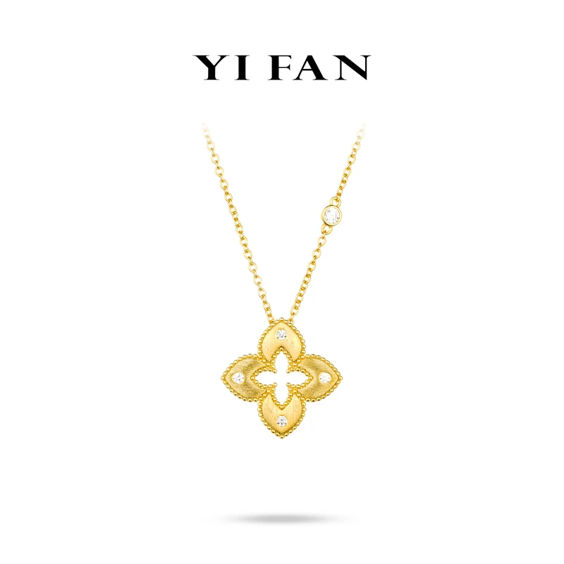 坠链均925银合成锆石 20676-金色拉丝镂空四瓣花百搭项链