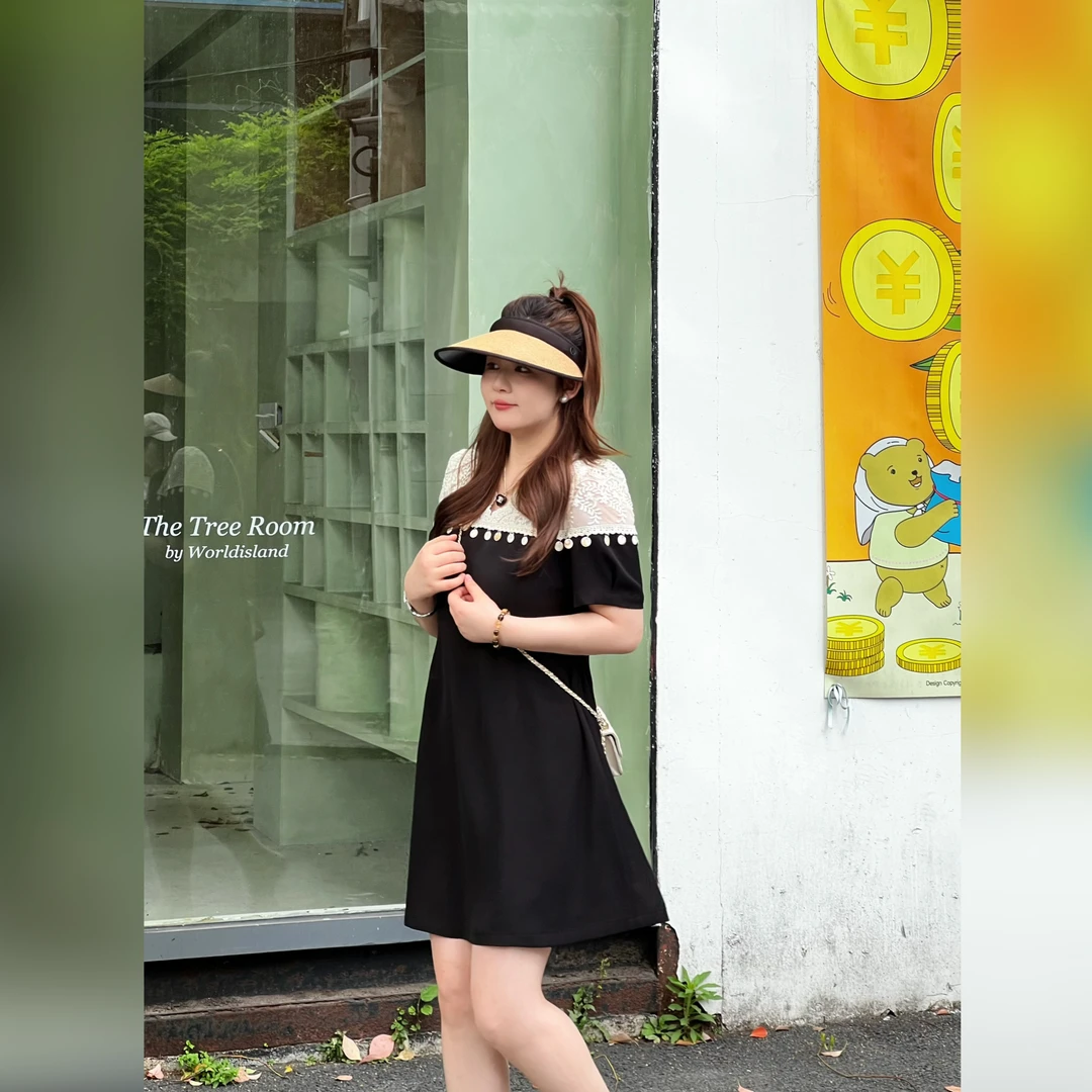 楠序【夏日缪斯】魏魏微胖女装 2025年夏装蕾丝假两件连衣裙YZ36195