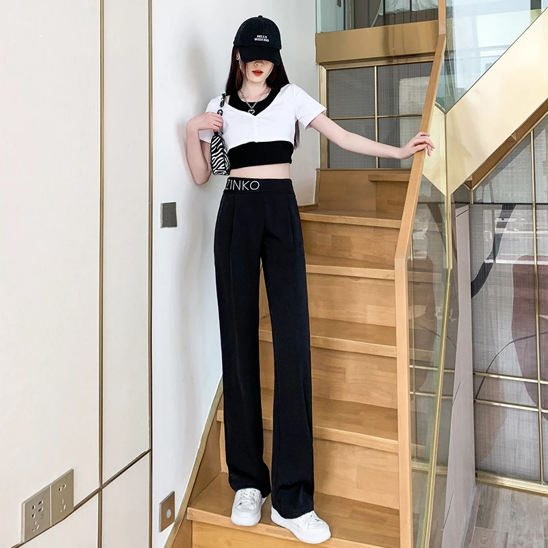 2025春夏窄版西装阔腿裤女高腰垂感宽松直筒显瘦百搭小个子休闲裤