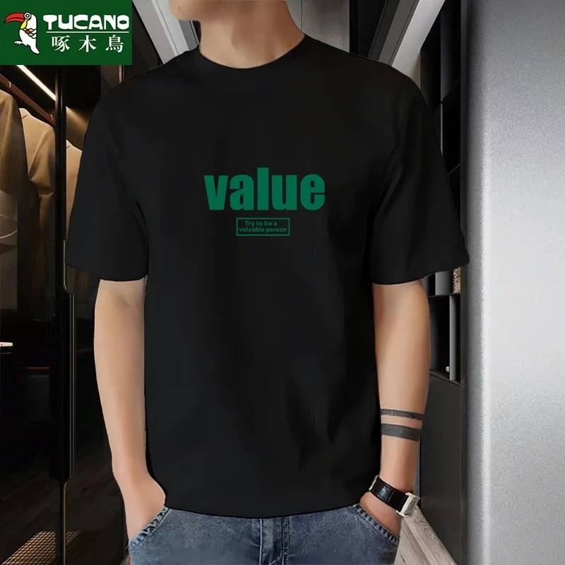 啄木鸟夏季新款短袖圆领宽松男生男士纯棉男韩版全棉印花半袖t