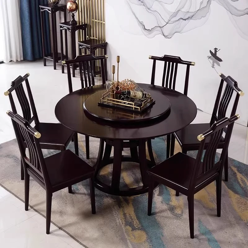 新中式实木圆餐桌现代简约圆形带转盘饭桌家用吃饭桌子酒店圆桌