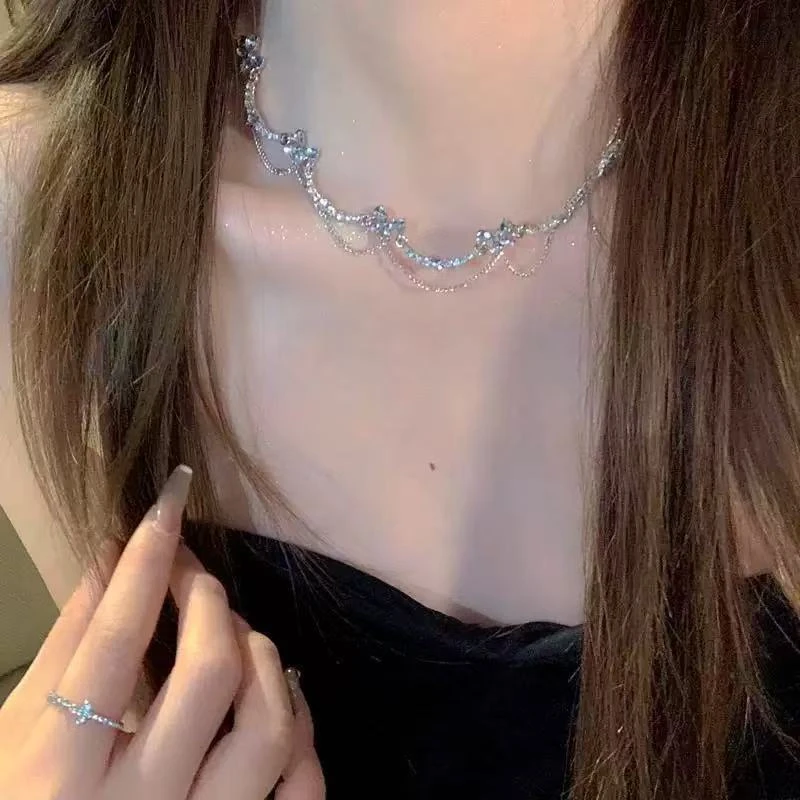 铜合金锆石项链 薄荷蓝蝴蝶妹锁骨链ins清冷高级感双层项链新款潮