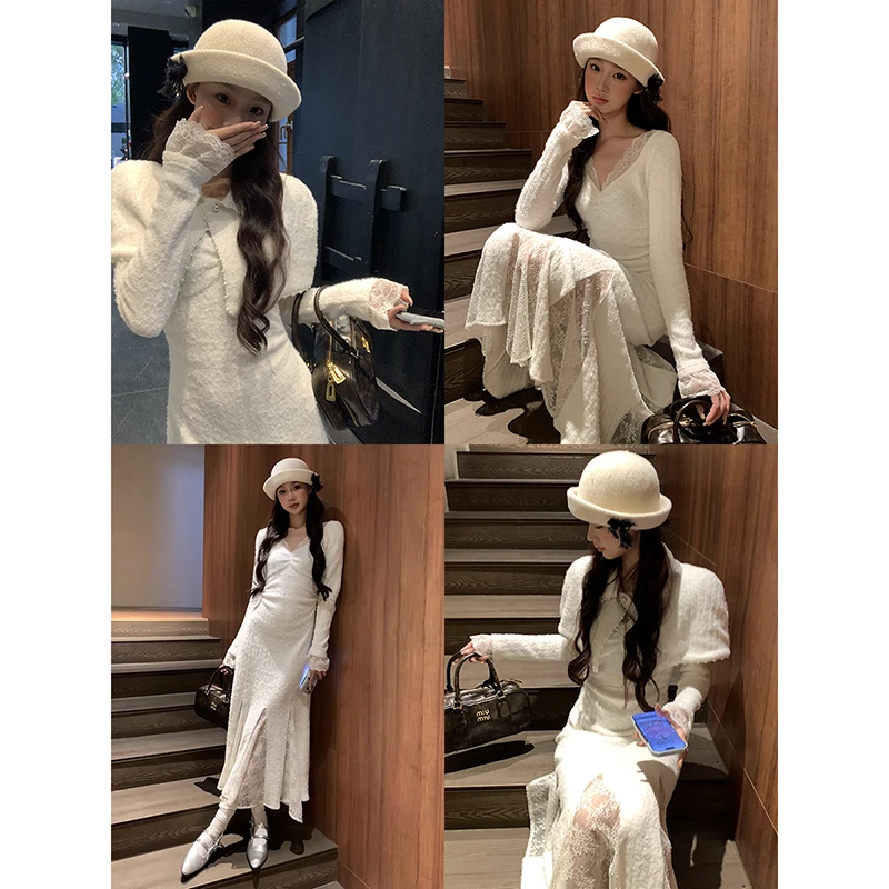 【梦里花】秋冬气质温柔小众拼接蕾丝设计感连衣裙244H3905#