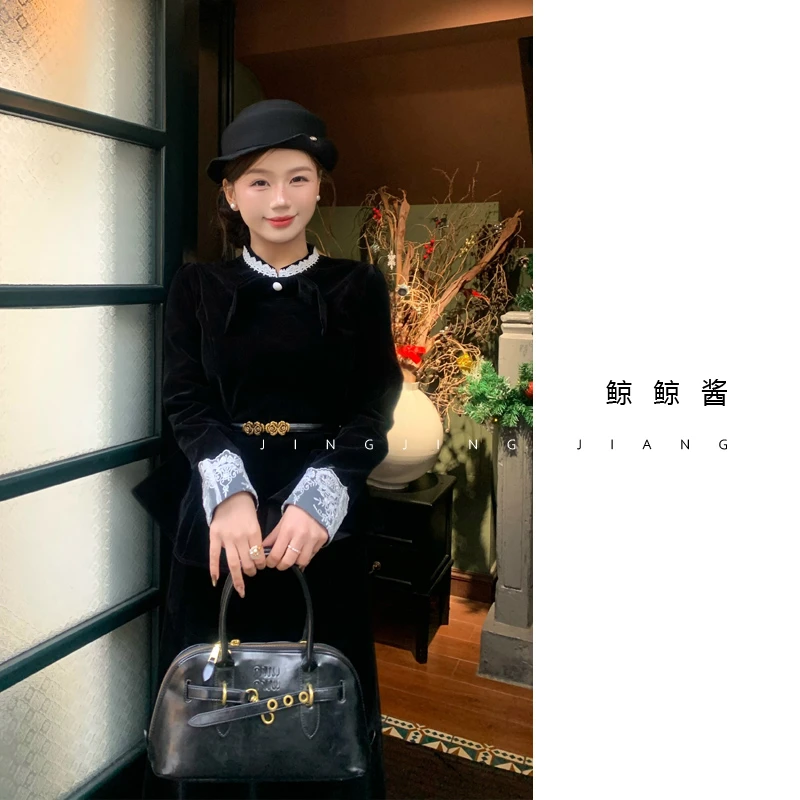 ZOZ鲸鲸酱 【留洋归来T恤】法式丝绒T恤显瘦高级感无弹花边长袖上衣