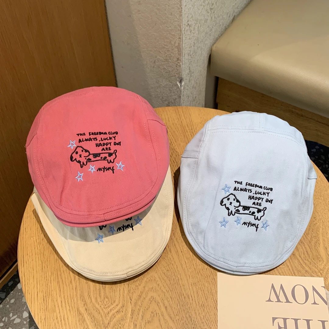 可爱小狗刺绣前进帽女款春季大头围鸭舌贝雷帽复古显脸小反戴帽子