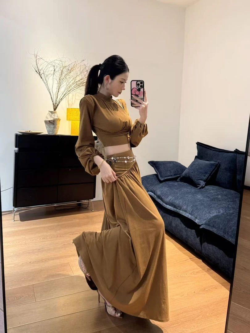 早秋新品泡泡袖半高领上衣长袖高腰褶皱半裙两件套女