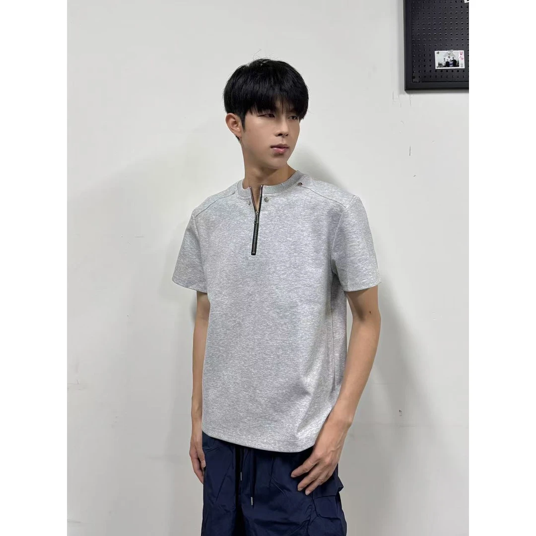 半拉链短袖t恤男宽松美式垫肩痞帅上衣夏季重磅潮牌高街情侣T恤