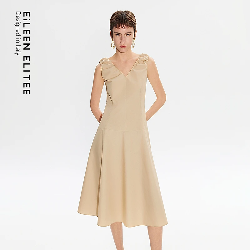朗姿欧洲EiLEEN ELITEE无袖V领连衣裙卡其色裙子2025年夏季新款