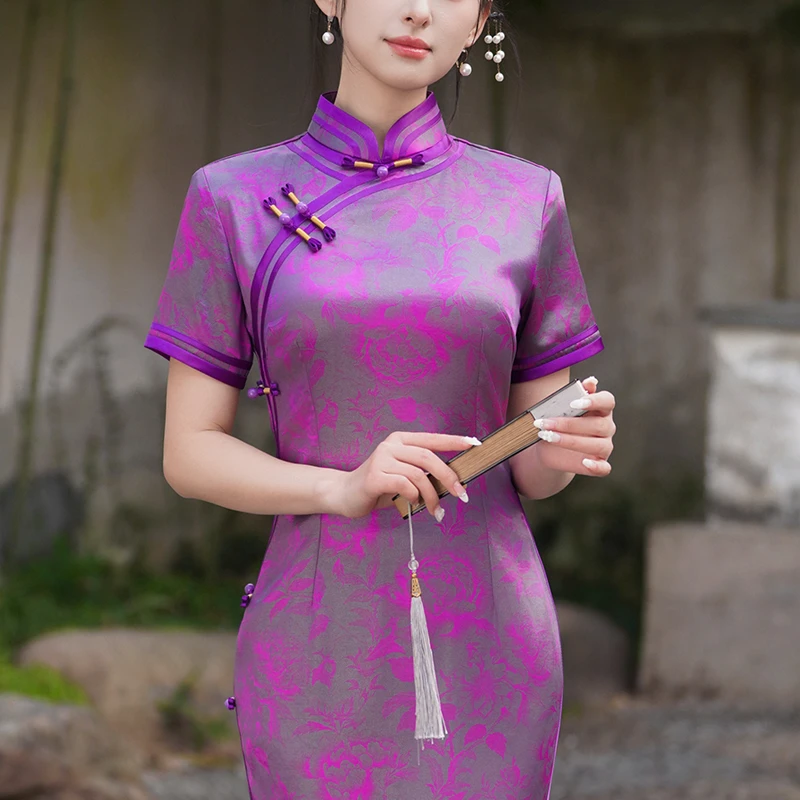 新中式旗袍2025夏季新款老上海日常可穿改良紫色裙子素雅国风礼服