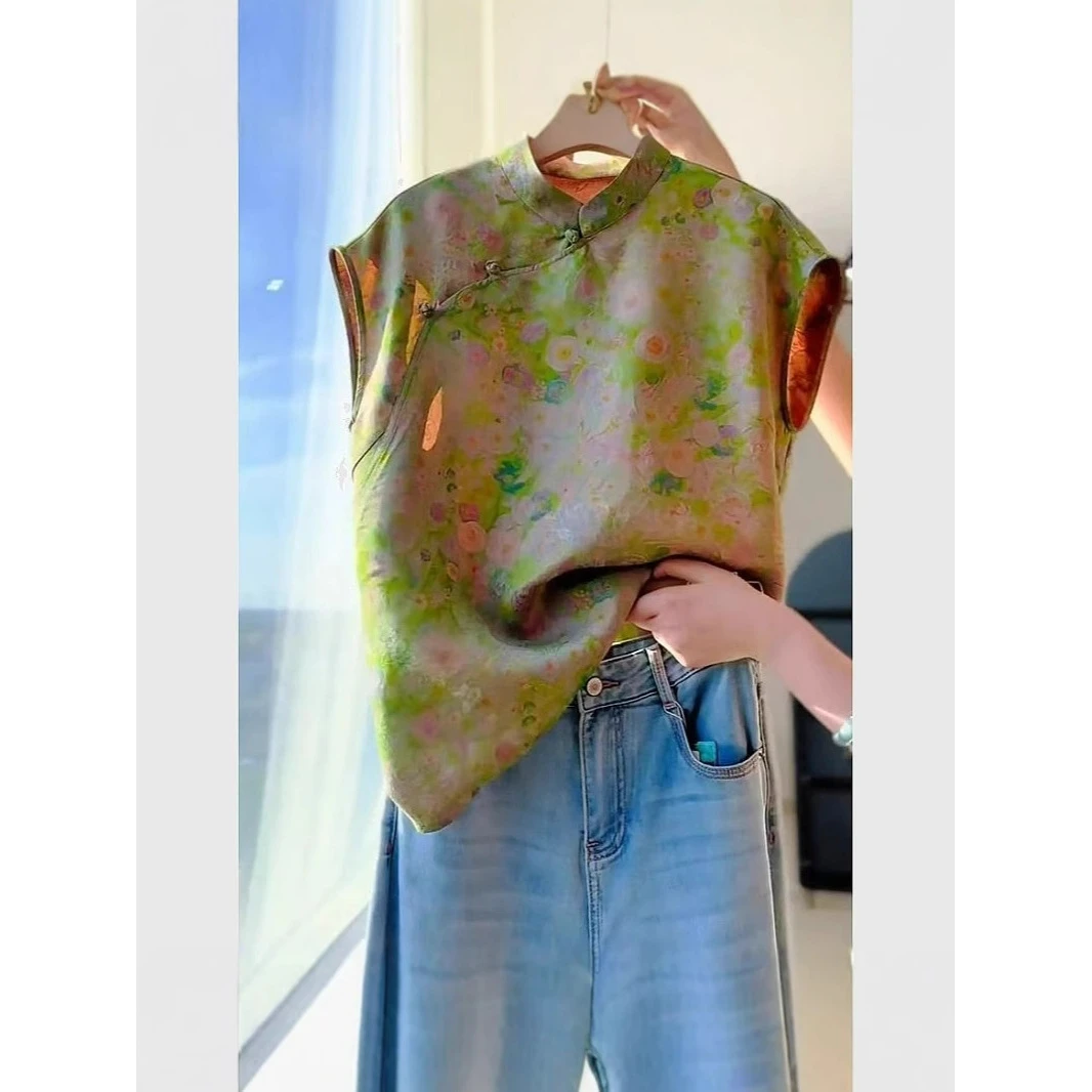 新中式国风绿色碎花衬衫女2025夏季独特漂亮复古盘扣改良唐装上衣