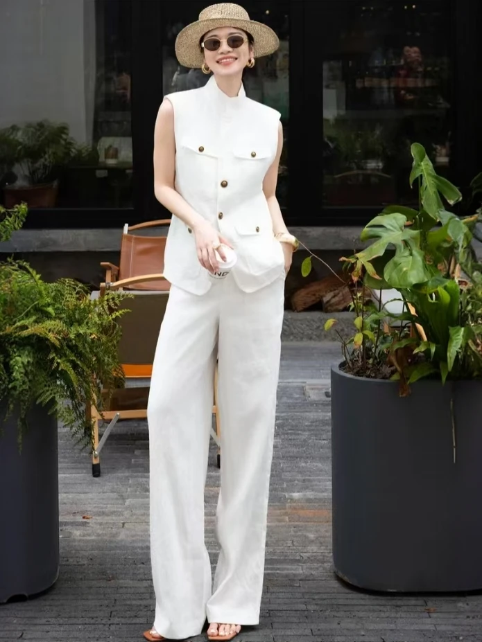 2025年夏季高级感老钱风时尚套装松弛亚麻马甲阔腿裤两件套HYF