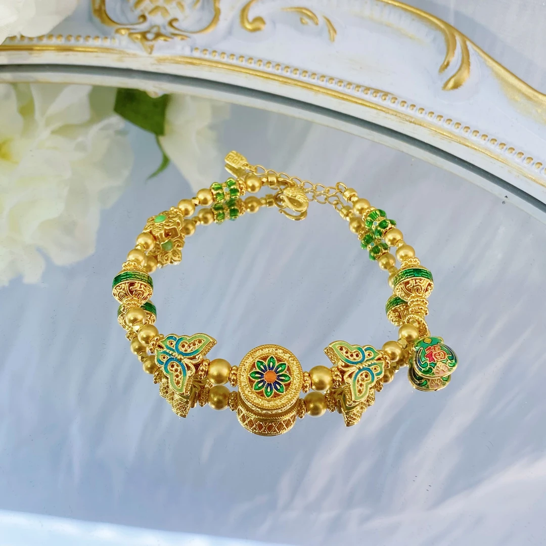 【芷伊】足金999宝相花珐琅彩苔衣星辉手链