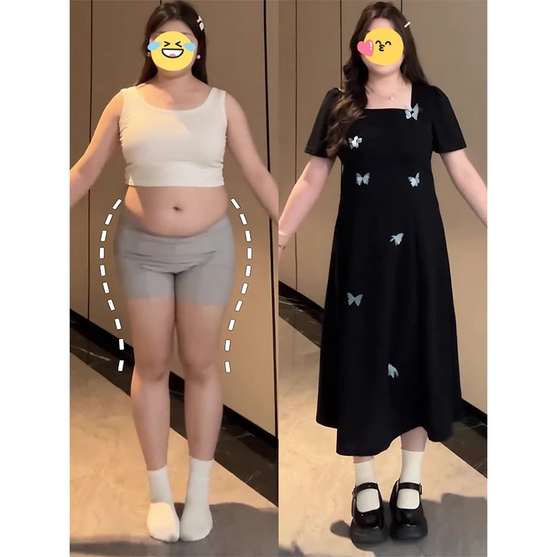 大码蝴蝶赫本风短袖连衣裙女夏季新款小黑裙胖mm显瘦遮肚长裙子