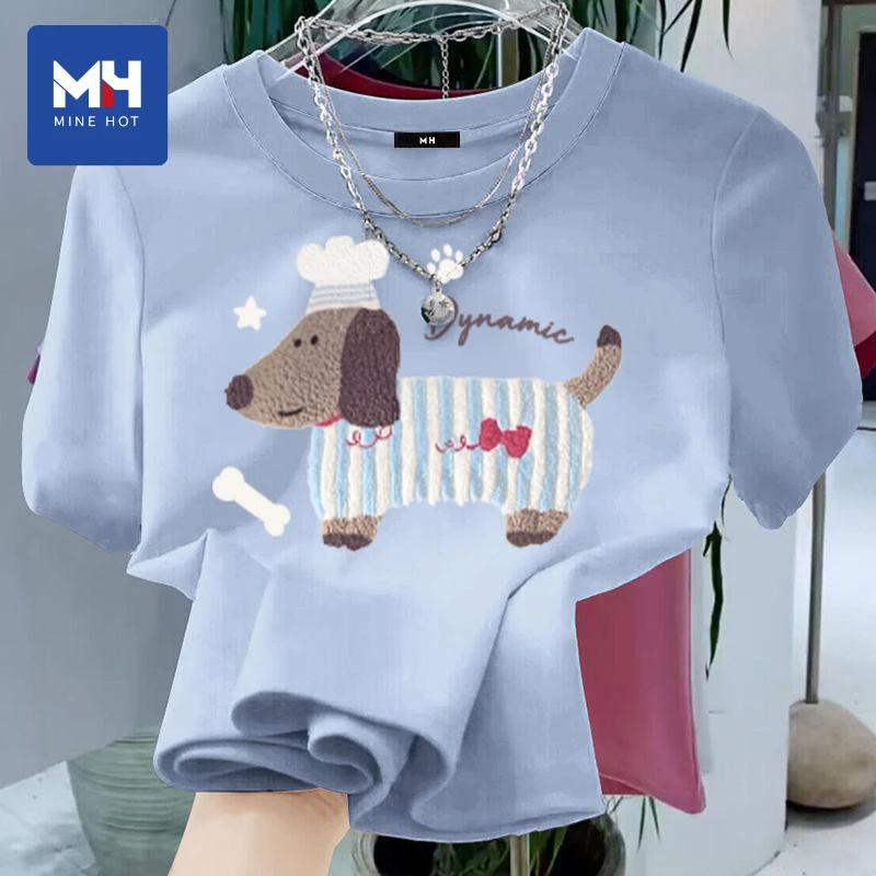 唐狮集团MH圆领纯棉冰川蓝t恤女夏季2025新款时尚休闲百搭上衣L