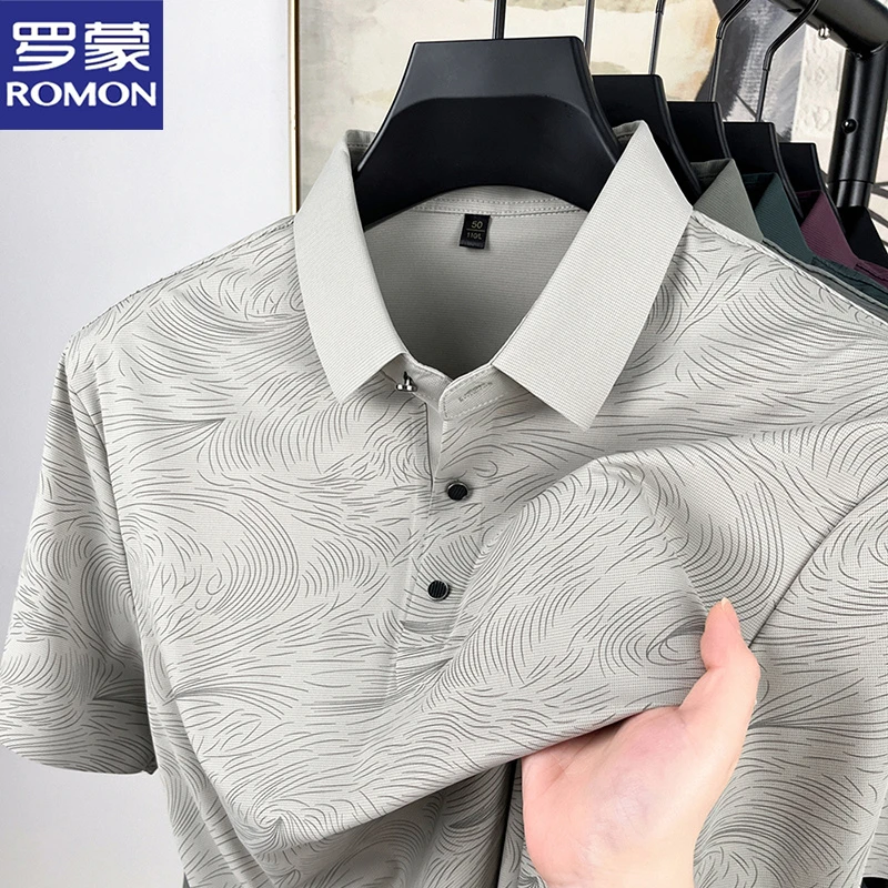 罗蒙凉感冰丝短袖翻领T恤男士夏季休闲百搭无痕印花半袖polo衫潮