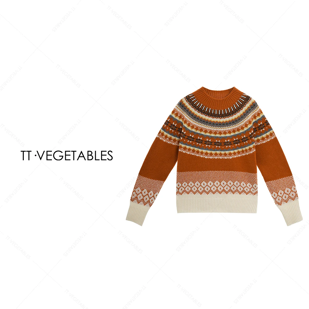 噢芬/小个子【橘松】百分百羊毛韩系复古提花针织衫秋冬毛衣522212