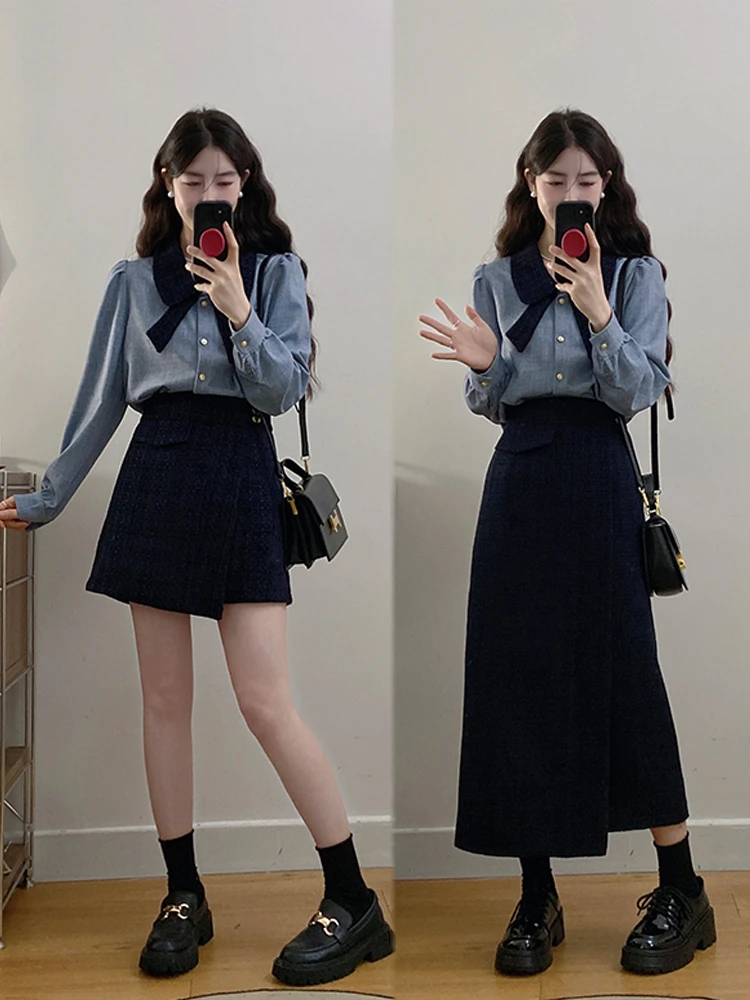 8551 春季胖mm韩系小香通勤衬衫+高腰遮肉显瘦裙裤两件套