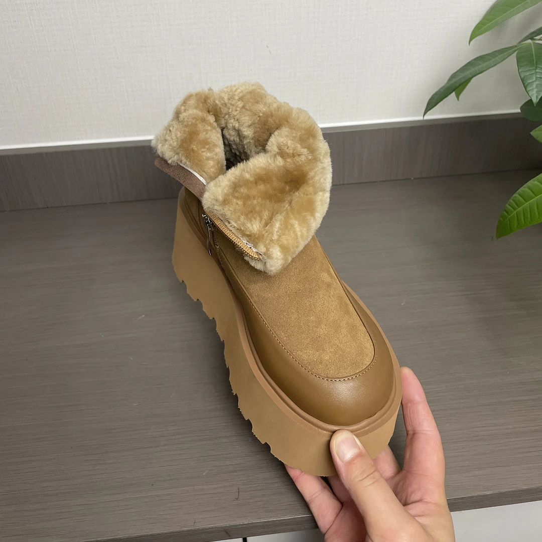 【夏妈】粗跟厚底加厚保暖圆头时尚雪地靴羊毛靴子秋冬休闲加绒棉鞋