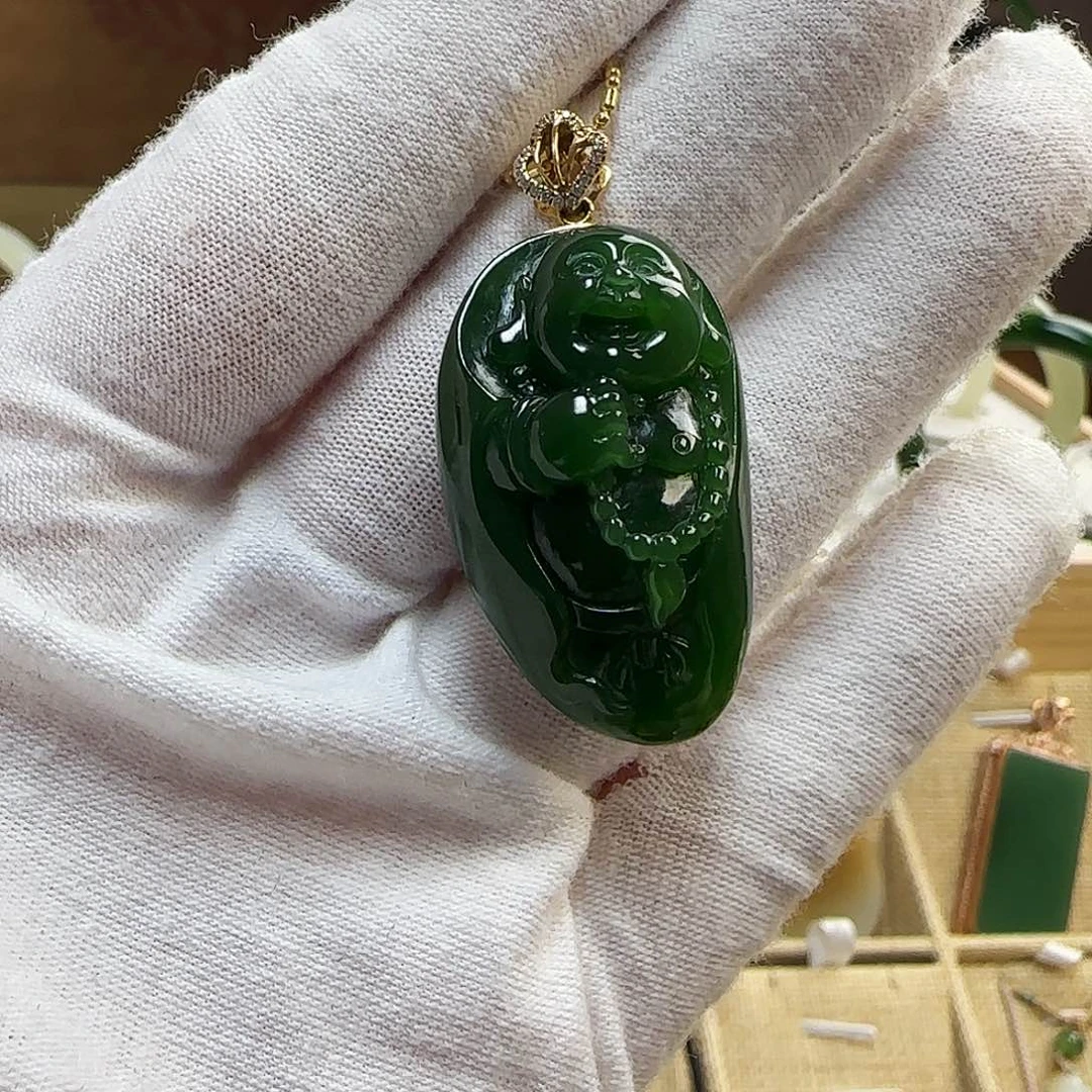 和田玉（碧玉）18K金镶嵌吊坠(赠链)
