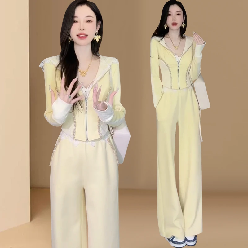 蕾丝拼接两件连帽短款卫衣女春秋2025新款套装休闲阔腿裤两件套