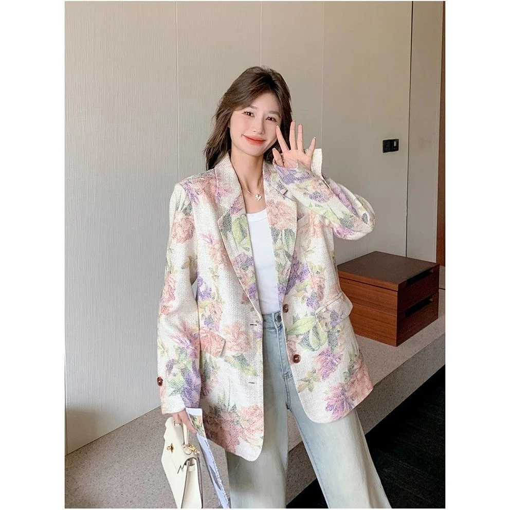 法式复古印花西装外套女2025秋季新款设计感小众绝美气质小西服潮