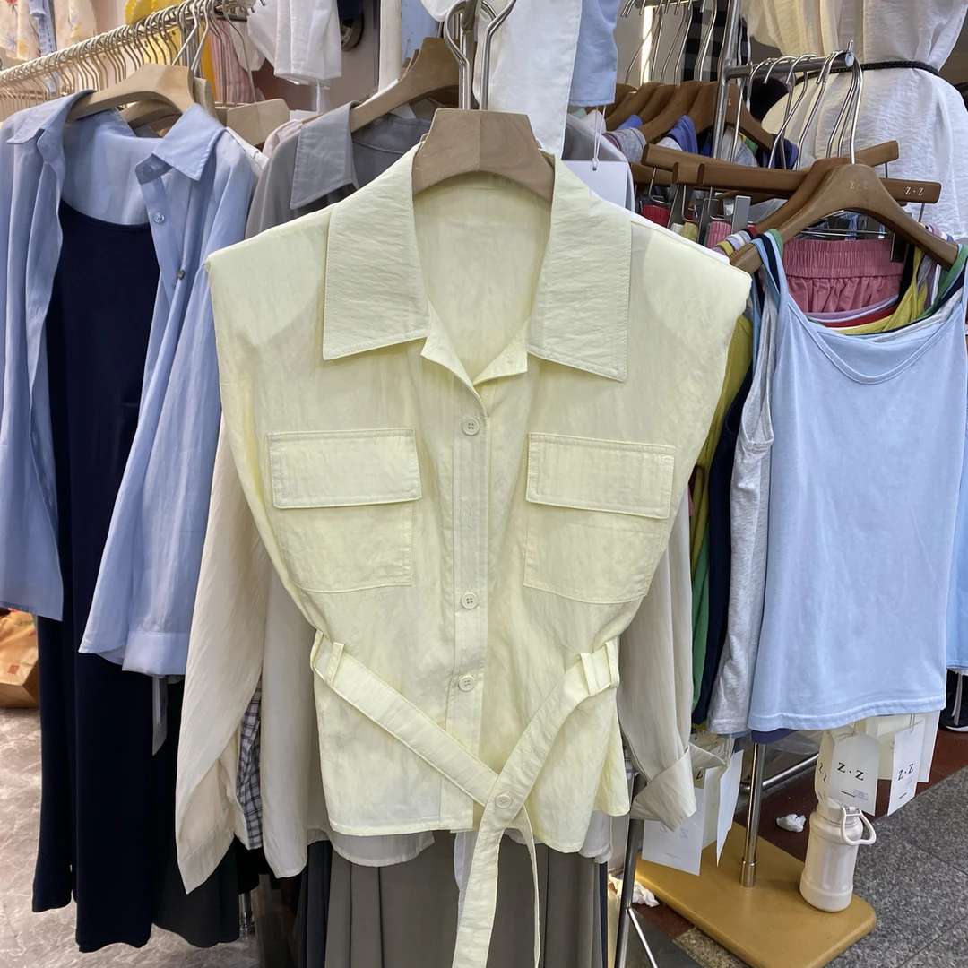 法式高级感polo领无袖口袋收腰系带衬衫女士2025夏季新款气质上衣