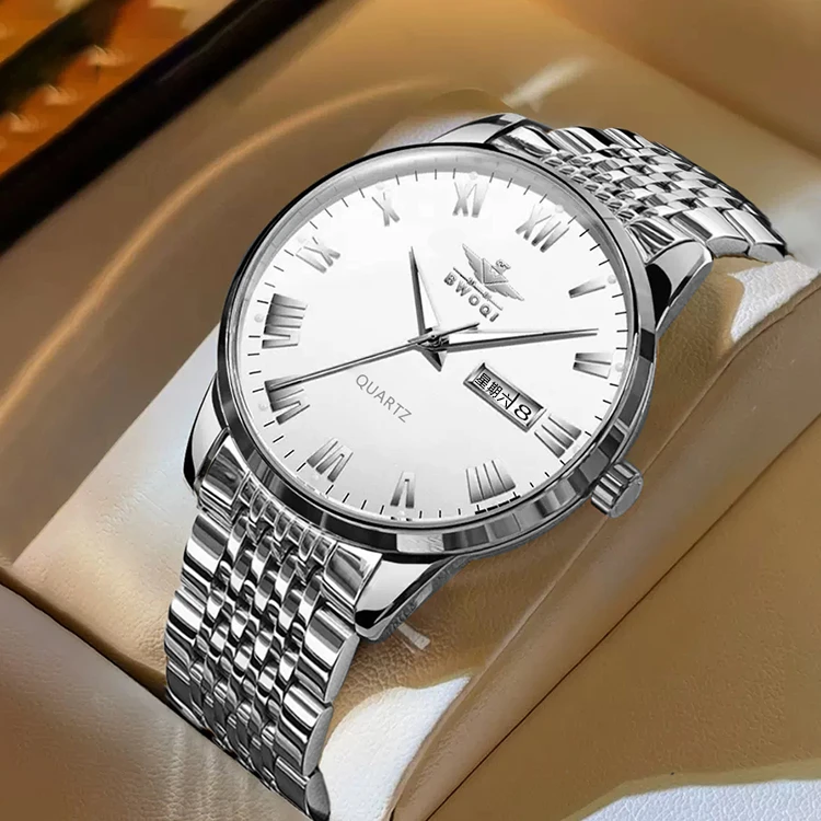 【粉丝福利】银钉/超薄罗马全自动双日历镂空夜光男表防水钢带腕表