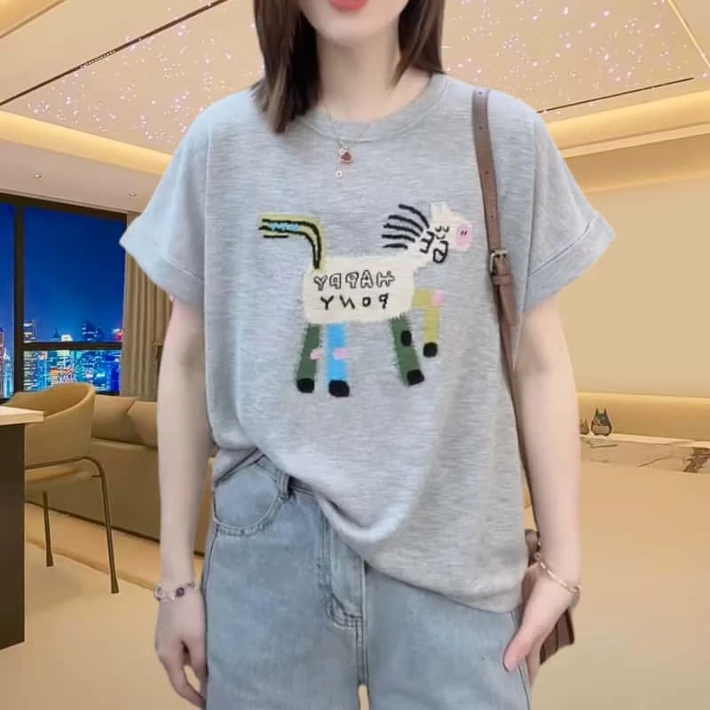 夏季气质小马提花短袖上衣2025新款韩版宽松洋气圆领休闲百搭小衫