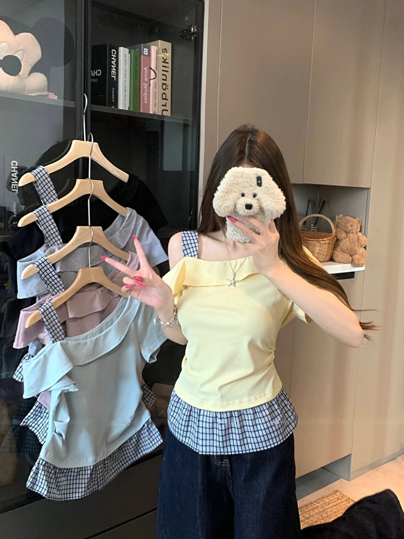 胖MM瑶 M25048大码时尚设计感不规则修身百搭斜肩拼接显瘦上衣