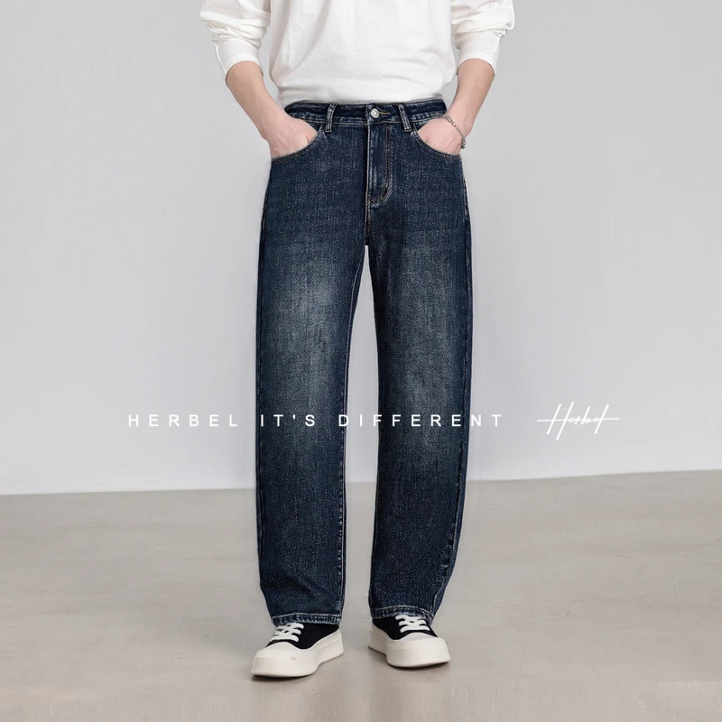 HERBEL/黑白 牛仔裤男款2025年冬季新款流行宽松水洗做旧休闲长裤