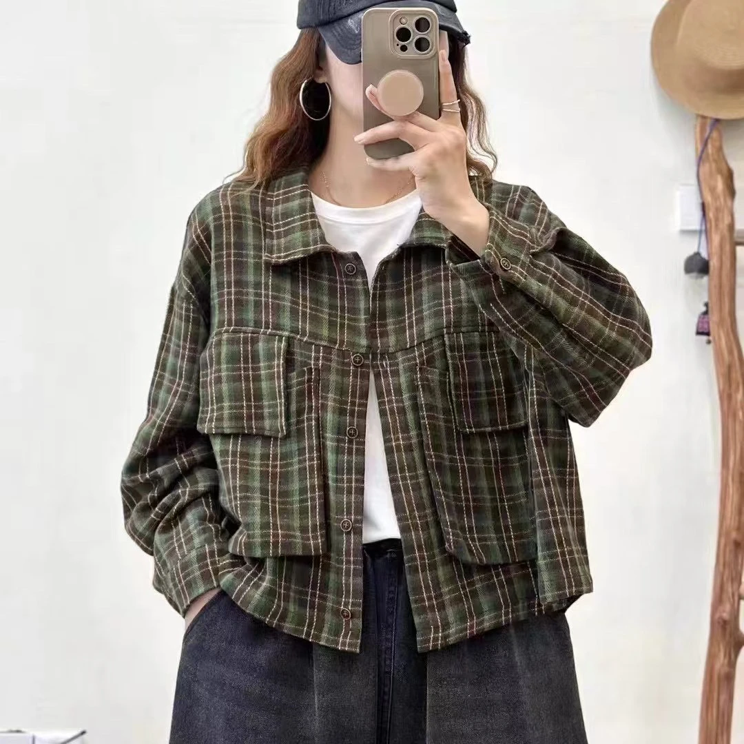 原创春季棉麻色织格子衬衫长袖复古宽松寸衣bf风休闲衬衣外套