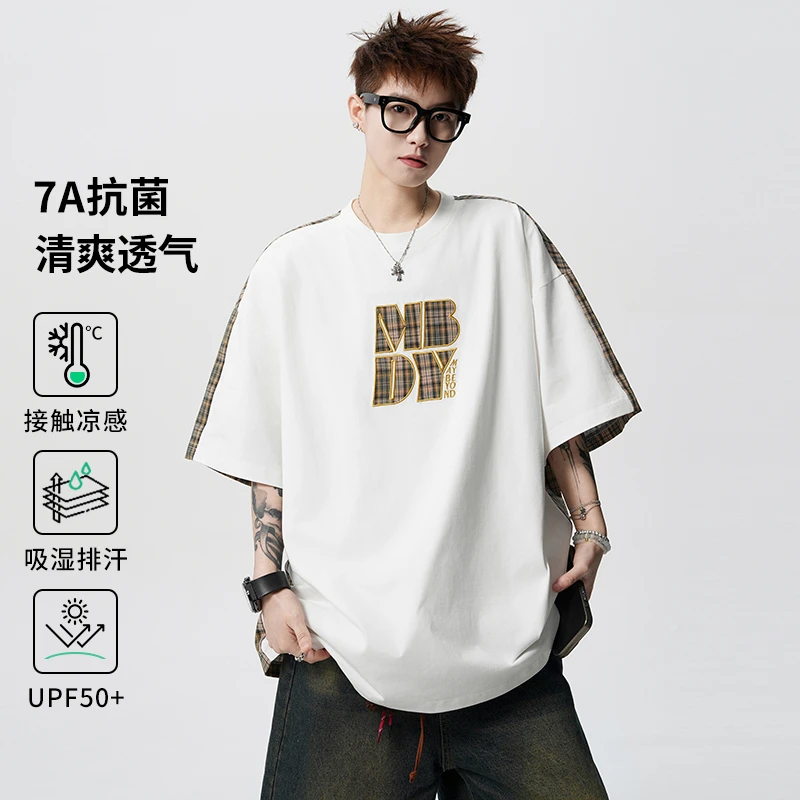 玛斯柏美式AB面刺绣短袖t恤男士夏季薄款格纹凉感复古休闲体恤衫